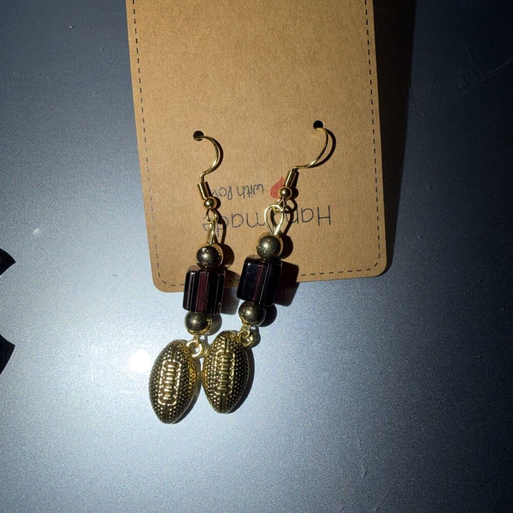 Football Earrings With Backs Oxidized Shiny Gold Finish Play Ball New Handmade